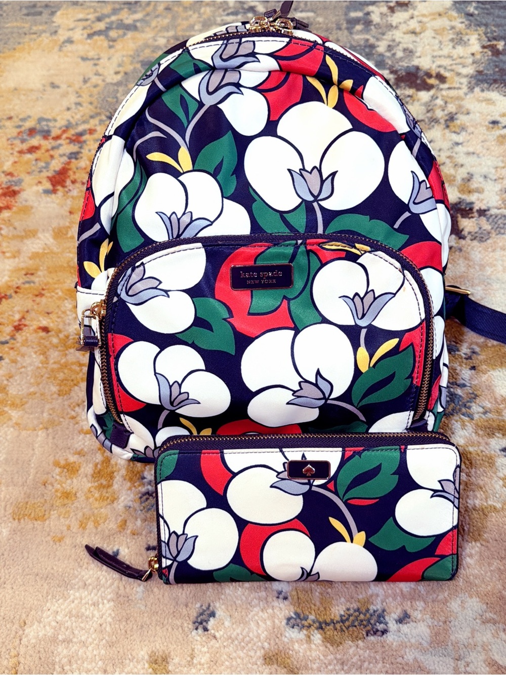 kate spade navy floral backpack with matching wallet set
